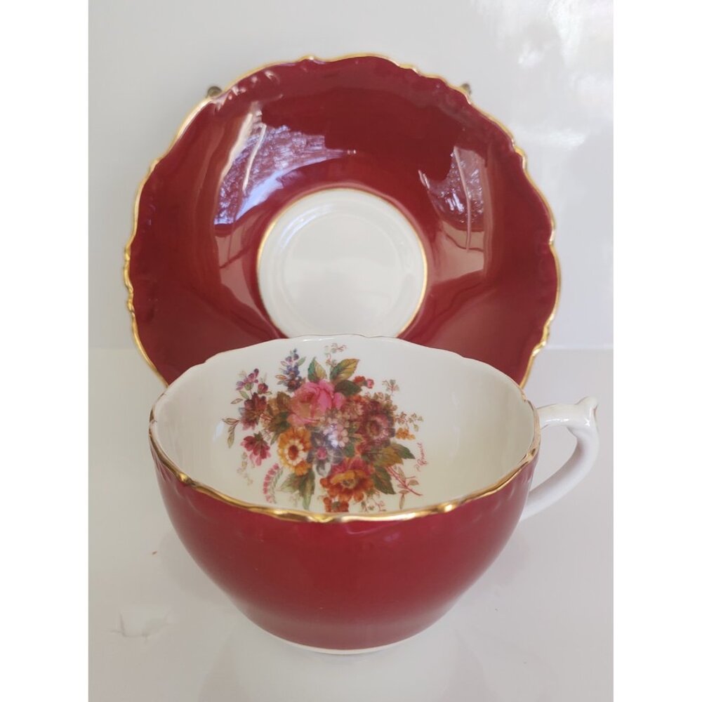 Vintage Coalport Bone China Teacup and Saucer Burgundy Fall Florals 1960's